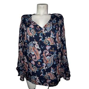 Curations Navy Blue Paisley V-Neck Bell Sleeve Blouse Womens 1X Boho Peasant Top